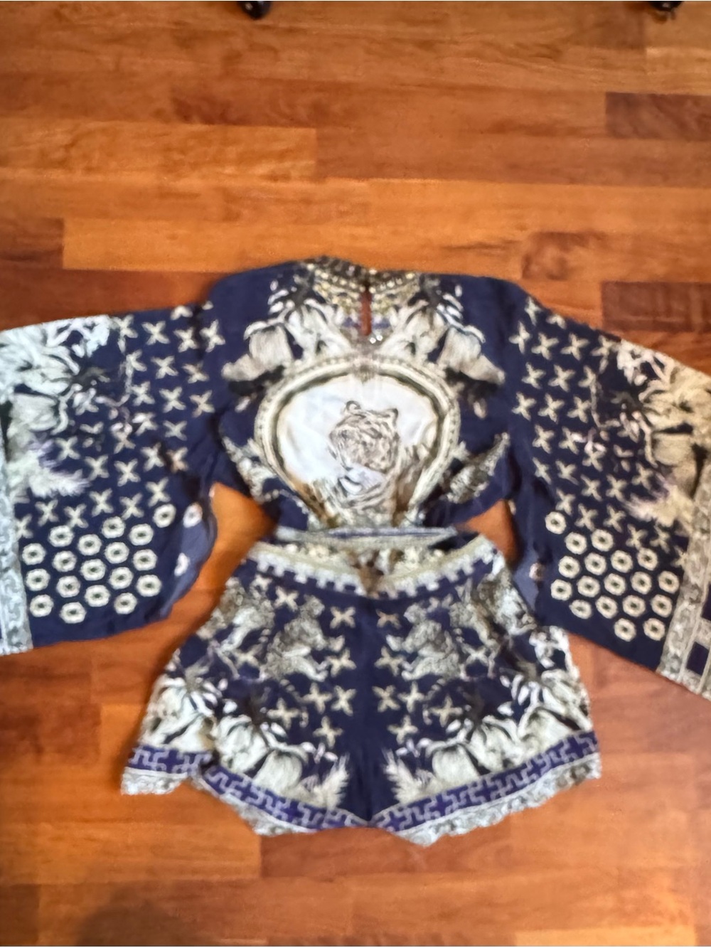 Camilla Navy and Cream Embellished Printed Romper